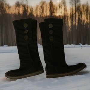 UGG AUS Classic knit Cardy flat boots black Wool Sheepskin Slouch Tall Women 7